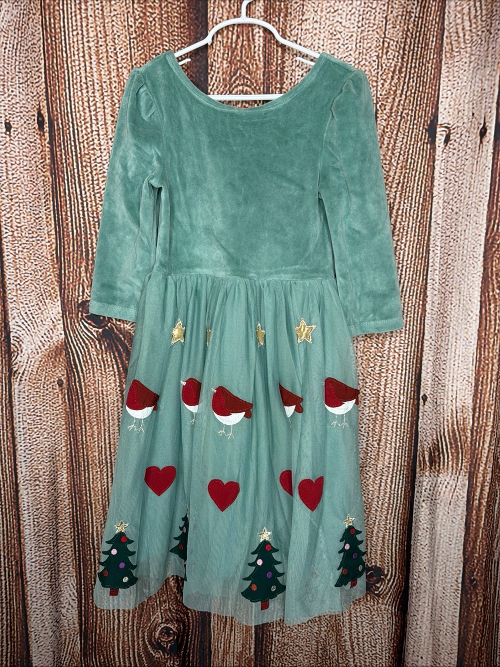 Mini Boden Festive Dress Velour Tulle Applique Robin Tree NWT Size 9-10 Years